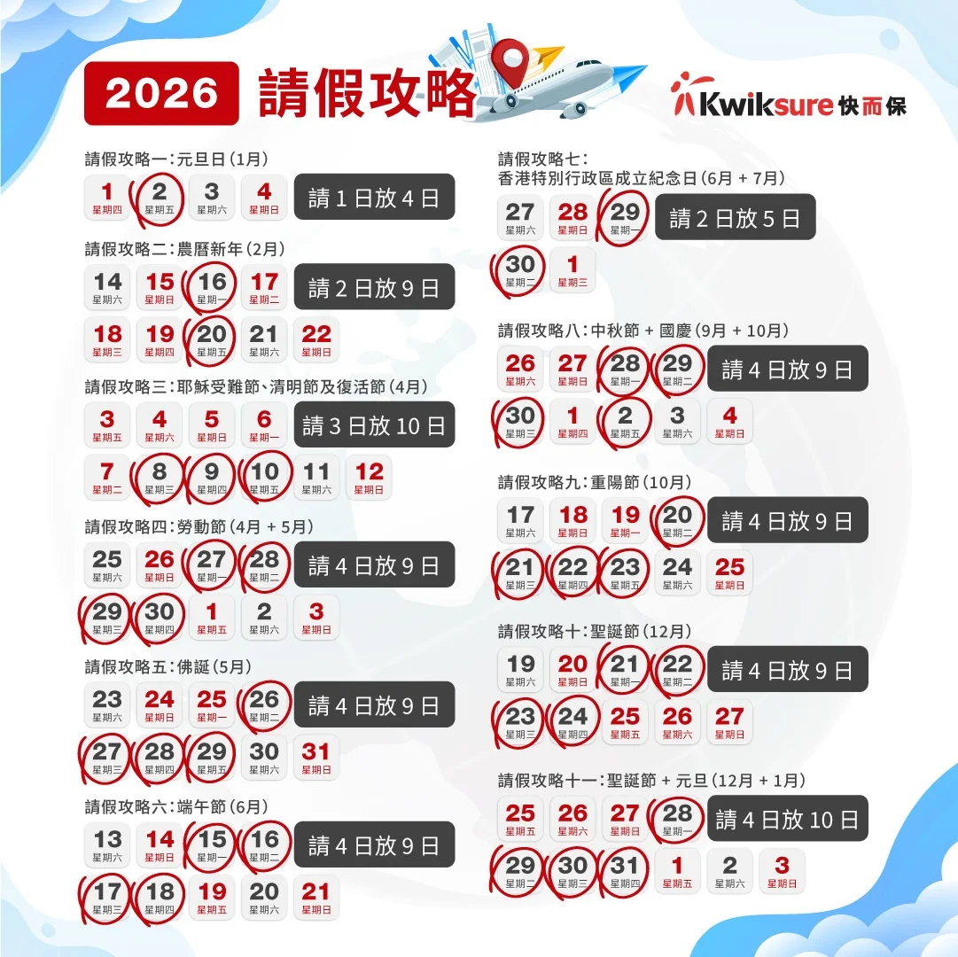 【請假攻略】2026公眾假期｜打工仔年假旅行11大攻略｜新年請2放9 | 復活節請3放10